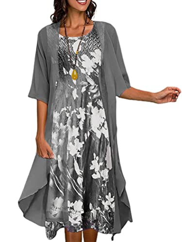 Minetom Damen Spitzenkleid Cocktailkleid Festliche Brautjungfernkleider Für Hochzeit Knielang Drucken Abendkleider Ärmellos Vintage Damenkleider Tüll Cardigan F Grau L von Minetom