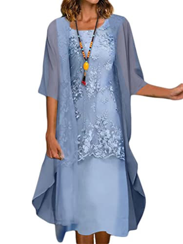 Minetom Damen Spitzenkleid Drucken Cocktailkleid Festliche Brautjungfernkleider Für Hochzeit Midi Abendkleider Ärmellos Vintage Damenkleider Tüll Cardigan A Blau M von Minetom
