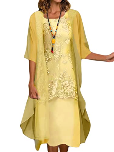 Minetom Damen Spitzenkleid Drucken Cocktailkleid Festliche Brautjungfernkleider Für Hochzeit Midi Abendkleider Ärmellos Vintage Damenkleider Tüll Cardigan A Gelb L von Minetom