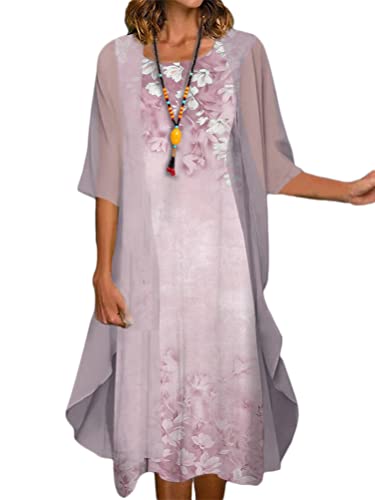 Minetom Damen Spitzenkleid Drucken Cocktailkleid Festliche Brautjungfernkleider Für Hochzeit Midi Abendkleider Ärmellos Vintage Damenkleider Tüll Cardigan B1 Rosa XL von Minetom