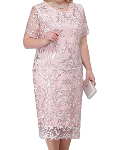 Minetom Damen Spitzenkleid Übergröße Spitze Kleid 3/4 Ärmel Loose Abend Cocktailkleid Knielang Retro Party Abendkleider Rockabilly Kleid A Rosa XXL von Minetom
