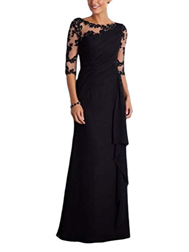 Minetom Damen Spitzenkleider Hochzeit Chiffon Abendkleider Elegant 3/4 Ärmel Langes Kleid Patchwork Maxikleider Cocktail Party Ballkleider B Schwarz 42 von Minetom