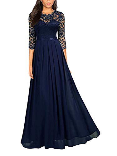 Minetom Damen Spitzenkleider Hochzeit Chiffon Abendkleider Elegant 3/4 Ärmel Maxi Langes Kleid Cocktail Party Ballkleid Brautjungfernkleid C Blau 46 von Minetom