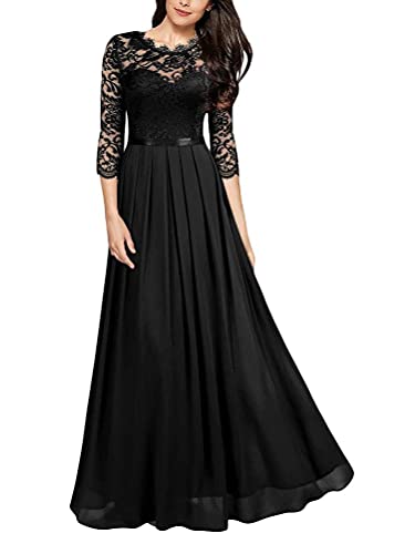 Minetom Damen Spitzenkleider Hochzeit Chiffon Abendkleider Elegant 3/4 Ärmel Maxi Langes Kleid Cocktail Party Ballkleid Brautjungfernkleid C Schwarz 34 von Minetom