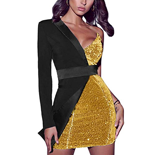 Minetom Damen Spleißen Kleider Glitzer Minikleider Rückenfreies Bodycon Kleid Schulterfrei Partykleider Blazer Kleid Gold 36 von Minetom