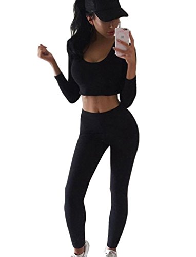 Minetom Damen Sport Yoga Outfit U-Ausschnitt Langarmhemd Plus Jumpsuit Hut + Fest Leggings Schwarz DE 36 von Minetom