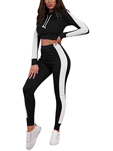 Minetom Damen Sportanzüge Jogginganzug Sport Sets Hosen und Crop Top Kapuzenpullover Hoodie Bekleidungssets Langarm Yoga Outfit Streifen Jogginghose Leggings Z Schwarz DE 34 von Minetom