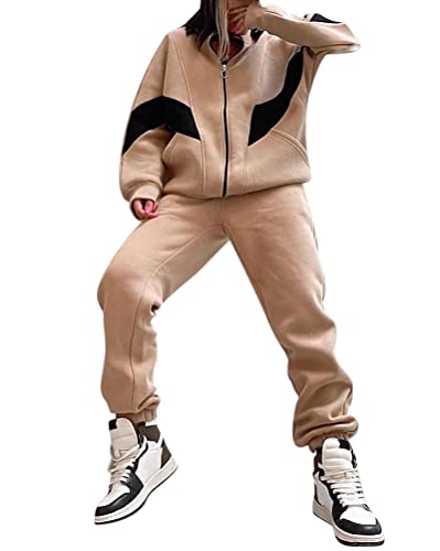 Minetom Damen Sportanzug Set Langarm Winter Jogginganzug Freizeitanzug Trainingsanzug Spleißen Jacke Mit Reißverschluss Taschen Sporthose Frauen Tracksuit 2 Teilig Hausanzug B2 Aprikose M von Minetom
