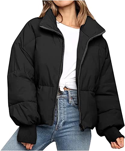 Minetom Damen Steppmantel Kurze Jacke Mantel Teenager Mädchen Jacke Langarm Warm Oversize Winddicht Stehkragen Winterjacke Steppjacke Parka mit Taschen B Schwarz XS von Minetom