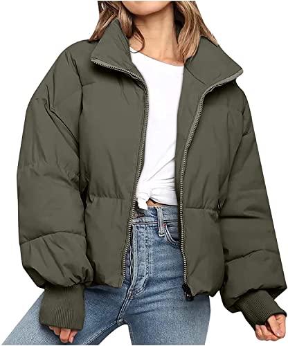 Minetom Damen Steppmantel Kurze Jacke Mantel Teenager Mädchen Jacke Langarm Warm Oversize Winddicht Stehkragen Winterjacke Steppjacke Parka mit Taschen B Armeegrün M von Minetom