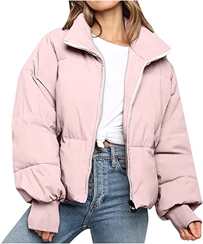 Minetom Damen Steppmantel Kurze Jacke Mantel Teenager Mädchen Jacke Langarm Warm Oversize Winddicht Stehkragen Winterjacke Steppjacke Parka mit Taschen B Rosa L von Minetom