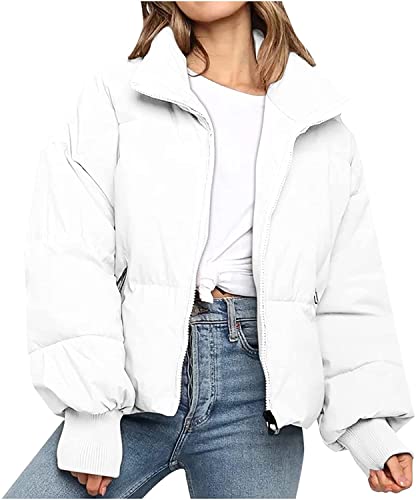 Minetom Damen Steppmantel Kurze Jacke Mantel Teenager Mädchen Jacke Langarm Warm Oversize Winddicht Stehkragen Winterjacke Steppjacke Parka mit Taschen B Weiß M von Minetom