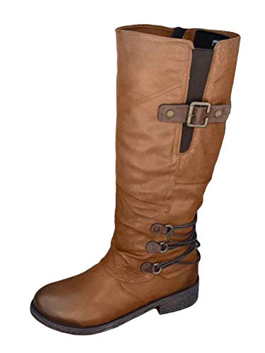 Minetom Damen Stiefel Hohe Flach Stiefel Lange Stiefel Kunstleder Boots High Heels Herbst Winter Mode Elegant Chic Schuhe A Braun 42 EU von Minetom