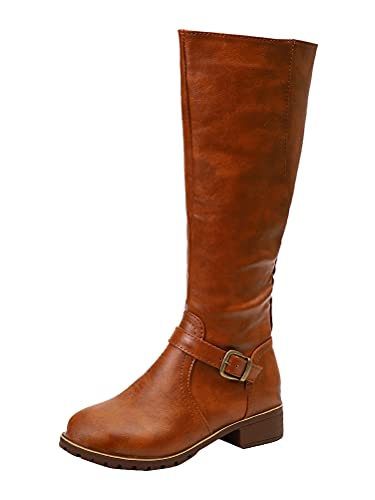 Minetom Damen Stiefel Hohe Flach Stiefel Lange Stiefel Kunstleder Boots High Heels Herbst Winter Mode Elegant Chic Schuhe C Braun 40 EU von Minetom