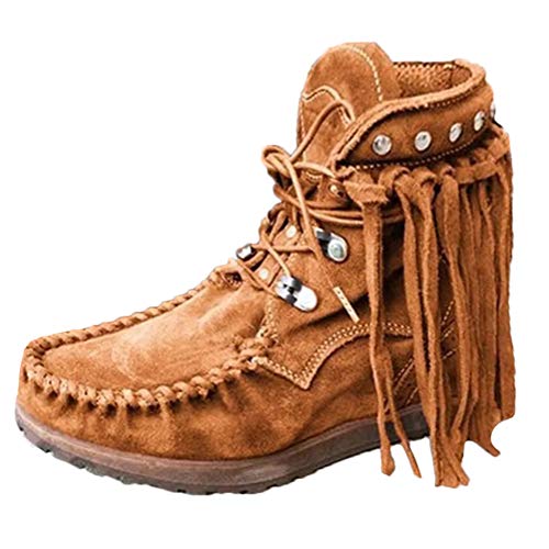 Minetom Damen Stiefel Mit Blockabsatz Profilsohle Mode Freizeit Runde Kappe Rom Vintage Fransen Kurzschaft Stiefeletten Flache Schlupfstiefel Gefüttert Mit Schnürung Braun 43 EU von Minetom