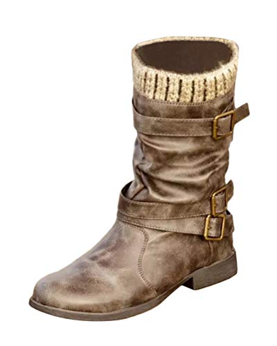 Minetom Damen Stiefel Schnee Dauerhaft Draussen Thermal Winter Warm Wasserdicht Mittelhoher Stiefel Mit Schnalle Blockabsatz Schuhe Grau 40 EU von Minetom