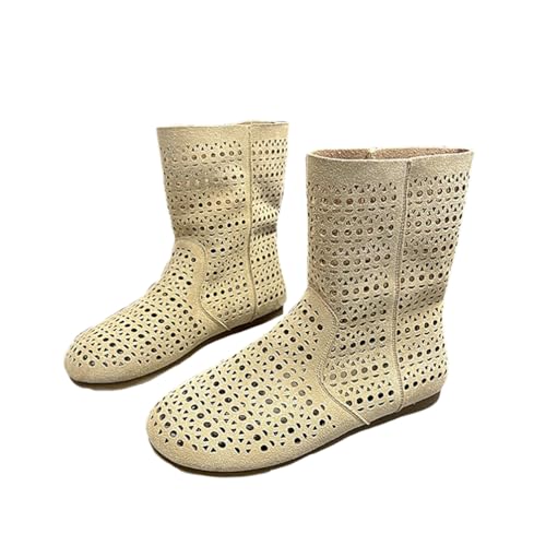 Minetom Damen Stiefel Sommer Herbst Elegante Hohl Stiefeletten Bequem Atmungsaktiv Sommerstiefel Flache Schuhe Kurze Boots A Beige 38 EU von Minetom
