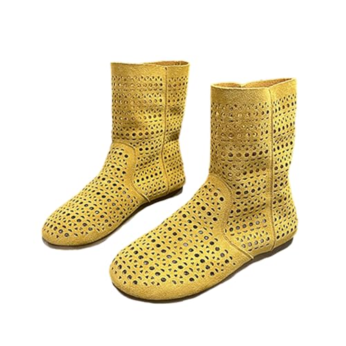 Minetom Damen Stiefel Sommer Herbst Elegante Hohl Stiefeletten Bequem Atmungsaktiv Sommerstiefel Flache Schuhe Kurze Boots A Gelb 38 EU von Minetom
