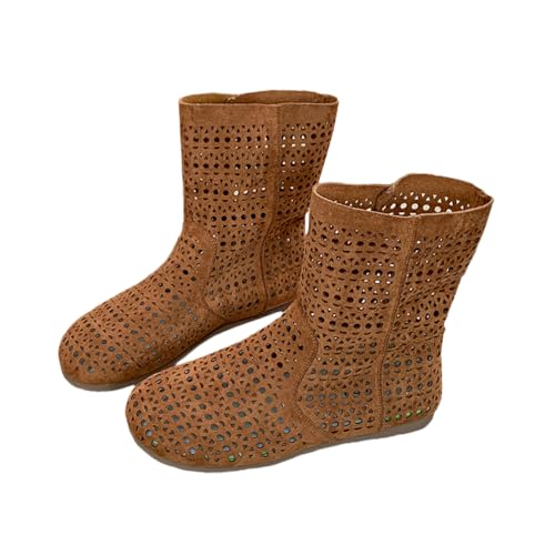 Minetom Damen Stiefel Sommer Herbst Elegante Hohl Stiefeletten Bequem Atmungsaktiv Sommerstiefel Flache Schuhe Kurze Boots A Kaffee 39 EU von Minetom