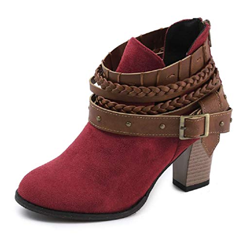 Minetom Damen Stiefelette Ankle Boots Herbst Winter Retro Dicke Absatz High Heels Frauen Stiefel Rot 39 EU von Minetom