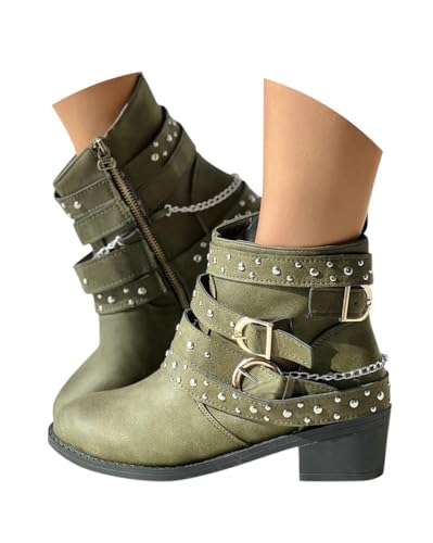 Minetom Damen Stiefeletten Biker Stiefel Blockabsatz Herbst Winter Frauen Schuhe Schnallen Chelsea Boots Vintage Cowboy Combat Mit Seitlicher Reißverschluss A Grün 42 EU von Minetom