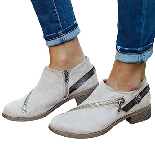 Minetom Damen Stiefeletten Chelsea Boots Knöchelhohe Stiefel Zipper Kunstleder Booties Schuhe Biker Boots mit Blockabsatz Ankle Boots A Grau 37 EU von Minetom