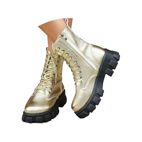 Minetom Damen Stiefeletten Flach Combat Boots Punk Schnürstiefeletten Metallfarbe Mid-Calf Biker Boots Herbst Winter A Gold 42 EU von Minetom