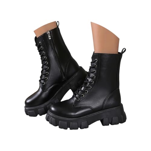 Minetom Damen Stiefeletten Flach Combat Boots Punk Schnürstiefeletten Metallfarbe Mid-Calf Biker Boots Herbst Winter A Schwarz 42 EU von Minetom
