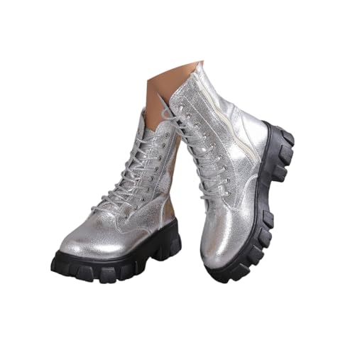 Minetom Damen Stiefeletten Flach Combat Boots Punk Schnürstiefeletten Metallfarbe Mid-Calf Biker Boots Herbst Winter A Silber 38 EU von Minetom