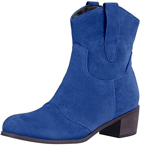 Minetom Damen Stiefeletten Mit Absatz Cowgirl Western Biker Boots Chelsea Kurze Damenschuhe Retro Stiefel Kurzschaft Bequem Schuhe Dunkelblau 39 EU von Minetom