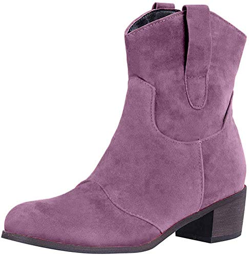 Minetom Damen Stiefeletten Mit Absatz Cowgirl Western Biker Boots Chelsea Kurze Damenschuhe Retro Stiefel Kurzschaft Bequem Schuhe Violett 38 EU von Minetom