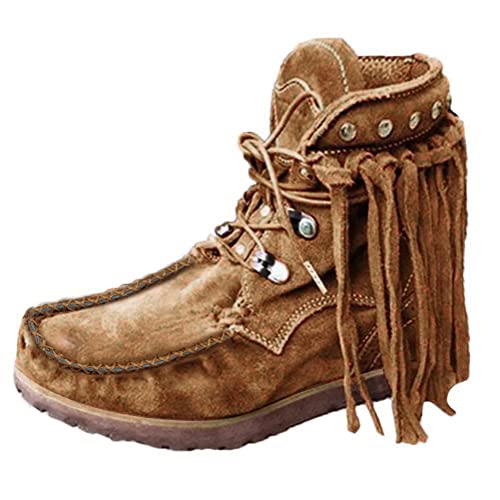Minetom Damen Stiefeletten Veloursleder Niedrige Absätze Rom Vintage Fransen Stiefel Plateau Ankle Boots Knöchelstiefel Winter Schlupfstiefel Schuhe Mit Schnürung Gelb 36 EU von Minetom