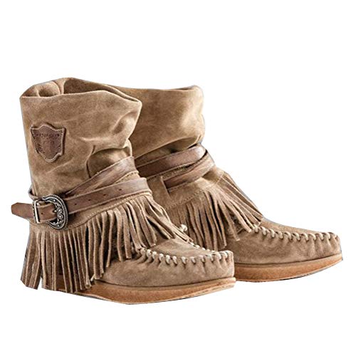 Minetom Damen Stiefeletten Westernstiefel Veloursleder Niedrige Absätze Fransenstiefel Plateau Ankle Boots Knöchelstiefel Winter Schlupfstiefel Elegant Schuhe (A Beige, Numeric_38) von Minetom