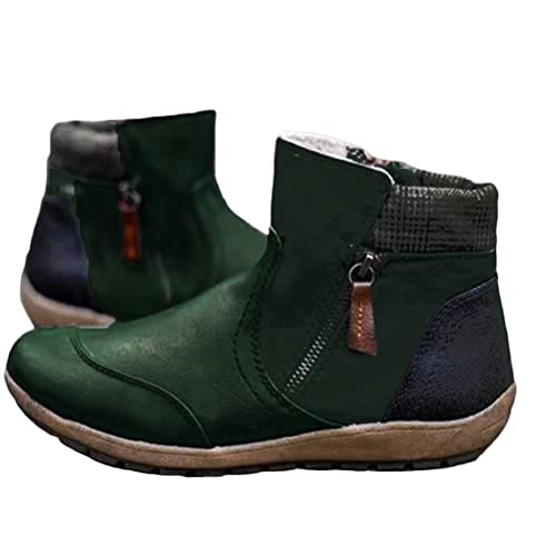 Minetom Damen Stiefeletten Winterstiefel Warm Winterschuhe Reißverschluss Pu Leder Flache Vintage Kurzschaft Stiefel Ankle Boots A Grün 37 EU von Minetom