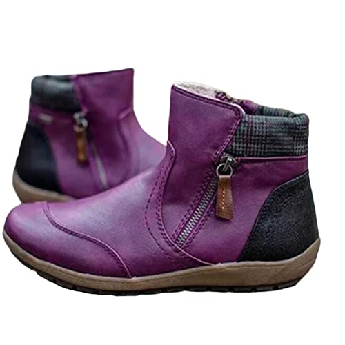 Minetom Damen Stiefeletten Winterstiefel Warm Winterschuhe Reißverschluss Pu Leder Flache Vintage Kurzschaft Stiefel Ankle Boots A Violett 37 EU von Minetom