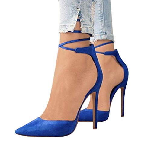 Minetom Damen Stiletto High Heels Pumps Spitz Party Basic Schuhe Geschlossen Schnürsenkel Wildleder Sandalen Abendschuhe A Blau 38 EU von Minetom