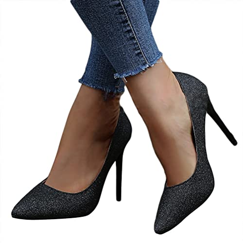 Minetom Damen Stiletto Pailletten High Heels Pumps Spitz Party Basic Schuhe Geschlossen Braut Damenschuhe Glänzend Sandalen Abendschuhe A Schwarz 36 EU von Minetom