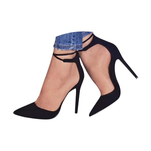 Minetom Damen Stiletto Sandalen High Heels Pumps Spitz Party Basic Schuhe Geschlossen Schnürsenkel Wildleder Sandalen Abendschuhe A Schwarz 38 EU von Minetom