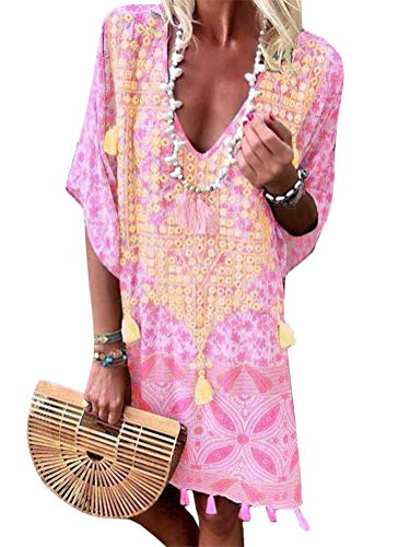 Minetom Damen Strandkleid Boho Mini Tunika Sommerkleid V-Ausschnitt Blumenkleid Loose T-Shirt Kleid Floral Minikleid Sommerkleider A Rosa M Minetom Damen Strandkleid Boho Mini Tunika Sommerkleid V-Ausschnitt Blumenkleid Loose T-Shirt Kleid Floral Minikleid Sommerkleider A Rosa M von Minetom