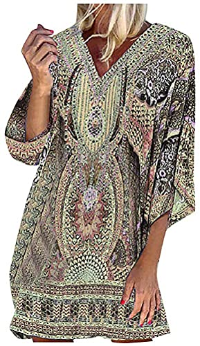 Minetom Damen Strandkleid Boho Mini Tunika Sommerkleid V-Ausschnitt Blumenkleid Loose T-Shirt Kleid Floral Minikleid Sommerkleider C Gelb L von Minetom