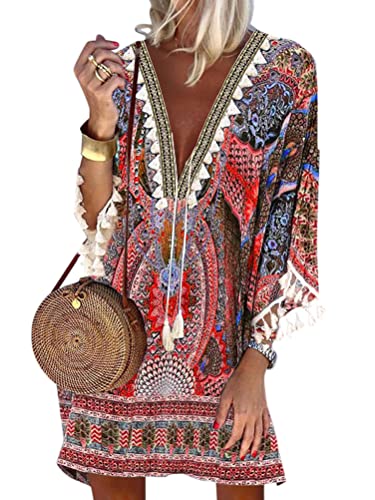 Minetom Damen Strandkleid Boho Mini Tunika Sommerkleid V-Ausschnitt Blumenkleid Loose T-Shirt Kleid Floral Minikleid Sommerkleider G Rot XL von Minetom