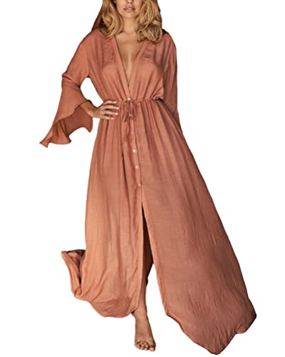 Minetom Damen Strandkleid Kimono Cardigan Lang Bikini Cover Up Boho Knöpfe Strandponcho Kaftan Strandurlaub Langes Kleid C Rot Einheitsgröße von Minetom
