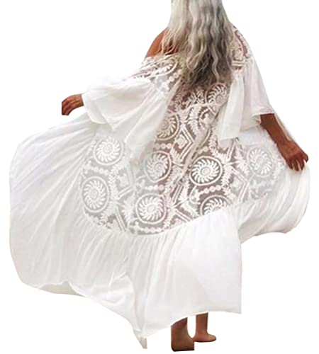 Minetom Damen Strandkleid Kimono Cardigan Lang Bikini Cover Up Sommer Boho Spitzen Strandurlaub Langes Kleid E Weiß Einheitsgröße von Minetom