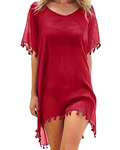 Minetom Damen Strandkleid Quaste Sommerkleid Bikini Cover Up Badeanzug Longshirt Tunika Sommer Strandponcho Strand C Rot Einheitsgröße von Minetom