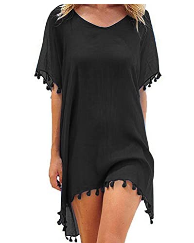 Minetom Damen Strandkleid Quaste Sommerkleid Bikini Cover Up Sommer Bademode Badeanzug Longshirt Tunika Sommer Strandponcho Strand C Schwarz Einheitsgröße von Minetom