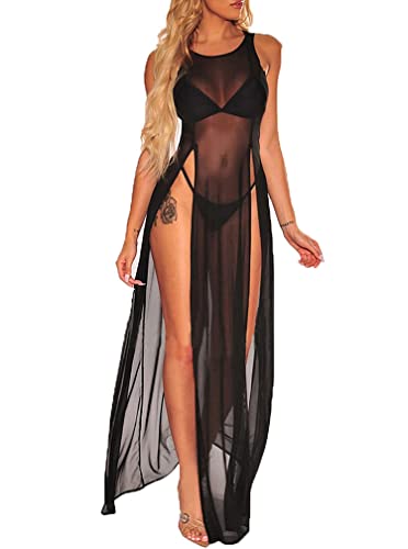 Minetom Damen Strandkleid Sexy Perspektive Mesh Bikini Cover Up Spitze Strandponcho Langes Kleid Sommer Bademode Ärmellos Split Dress A Schwarz S von Minetom