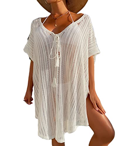 Minetom Damen Strandkleid Spitze Bikini Cover Up Sexy Strandponcho Oversize Sommerkleider Strandurlaub Badeanzug Stricken Tunika Z1 Beige Einheitsgröße von Minetom