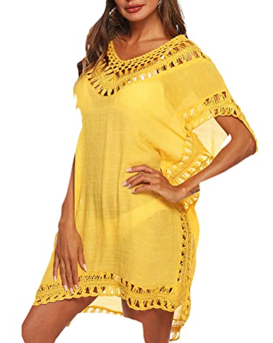 Minetom Damen Strandkleid Spitze Bikini Cover Up Sexy Strandponcho Oversize Sommerkleider Strandurlaub Badeanzug Pareos Crochet Tunika B Gelb Einheitsgröße von Minetom