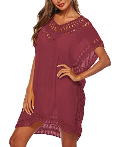 Minetom Damen Strandkleid Spitze Bikini Cover Up Sexy Strandponcho Oversize Sommerkleider Strandurlaub Badeanzug Pareos Crochet Tunika B Rot Einheitsgröße von Minetom