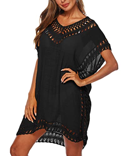 Minetom Damen Strandkleid Spitze Bikini Cover Up Sexy Strandponcho Oversize Sommerkleider Strandurlaub Badeanzug Pareos Crochet Tunika B Schwarz Einheitsgröße von Minetom